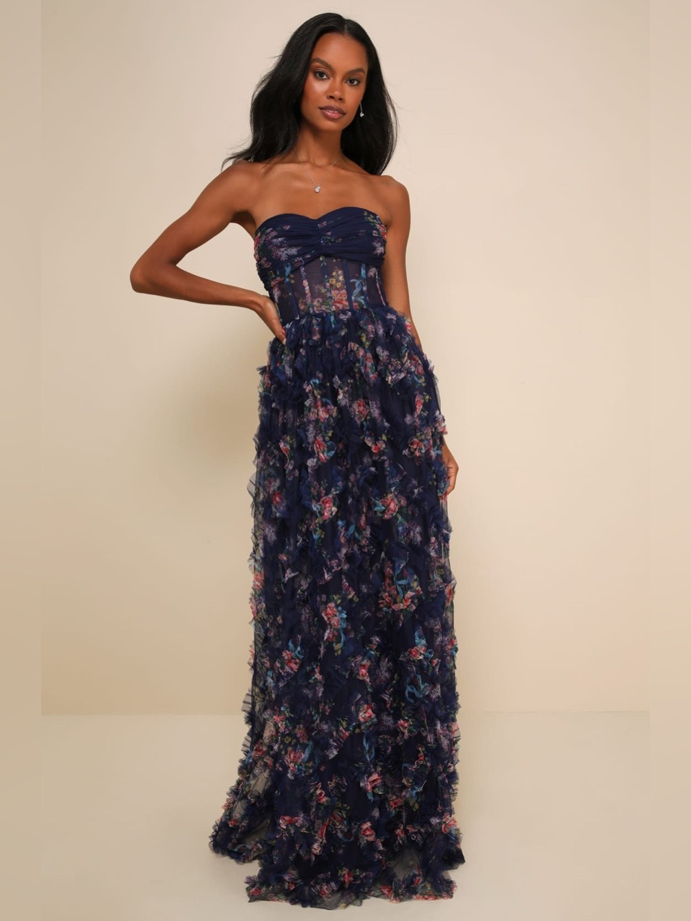Lulus Stunning Element Navy Floral Mesh Ruffled Strapless Maxi Dress Blue